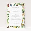 Colourful wedding menu template featuring fruits, flowers, and butterflies on a white background. This is a view of the front