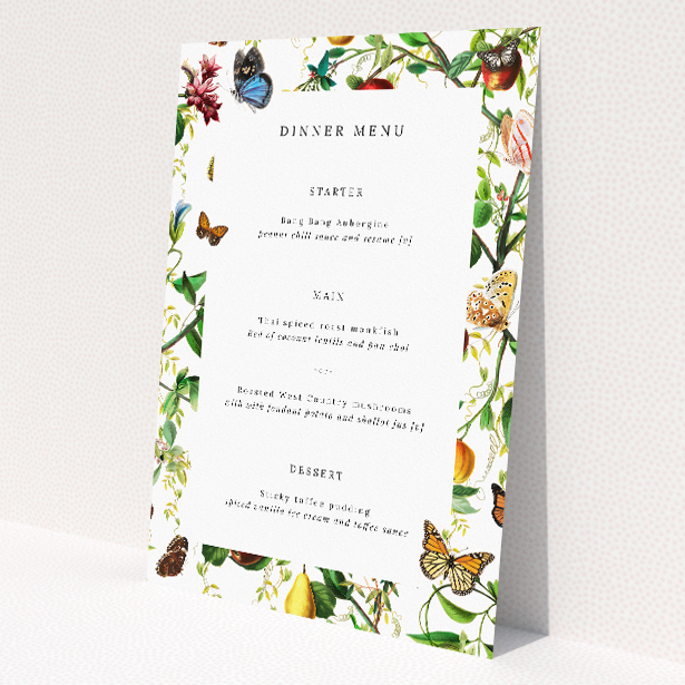 Colourful wedding menu template featuring fruits, flowers, and butterflies on a white background. This image shows the front and back sides together