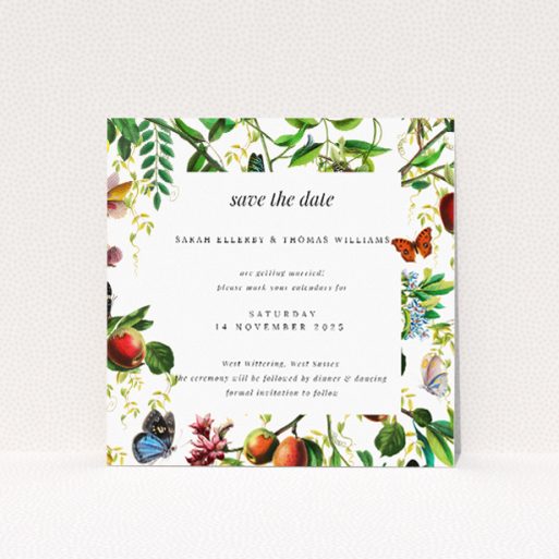 Fruitful Foliage wedding save the date card template featuring botanical illustrations of lush green leaves, ripe fruits, and fluttering butterflies. This is a view of the front
