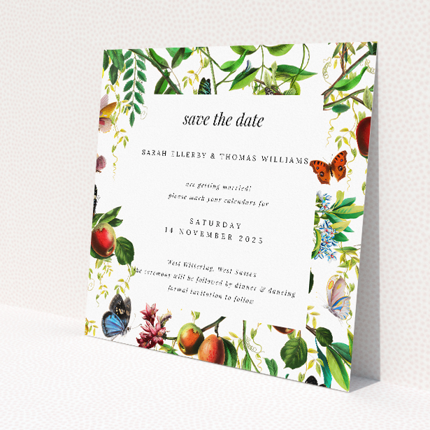 Fruitful Foliage wedding save the date card template featuring botanical illustrations of lush green leaves, ripe fruits, and fluttering butterflies. This image shows the front and back sides together