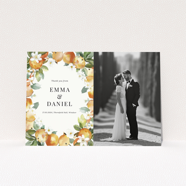 Wedding thank you card with floral design and one photo