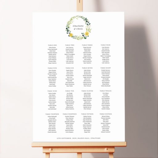 Vibrant seating plan design named "Full Summer Wreath" showcasing a beautiful summery floral wreath with tones of yellow and green placed at the top of the board.. This design is formatted for 16 tables.