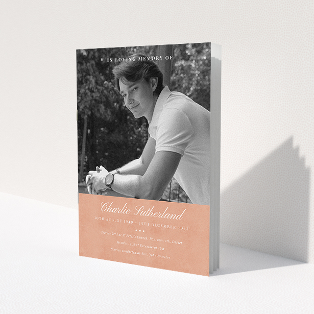 A funeral order of service named 'Bold Elegance. It is an A5 booklet in a portrait orientation. It is a photographic funeral program with room for 1 photo. 'Bold Elegance' is available as a folded booklet booklet, with splashes of light pink.