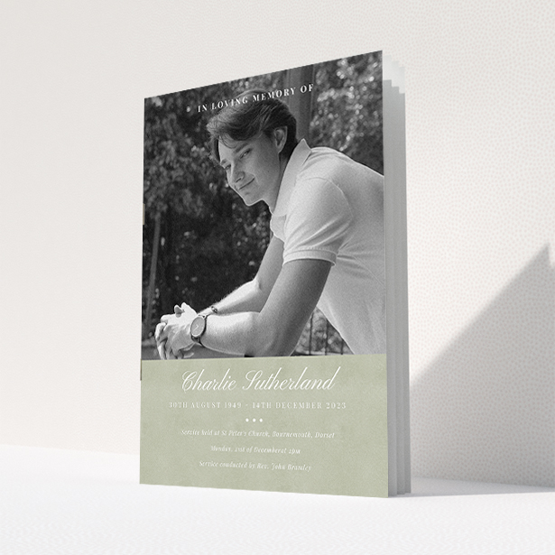 A funeral order of service named "Bold Elegance. It is an A5 booklet in a portrait orientation. It is a photographic funeral program with room for 1 photo. "Bold Elegance" is available as a folded booklet booklet, with splashes of green.