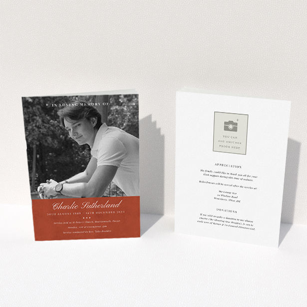 A funeral order of service named "Bold Elegance. It is an A5 booklet in a portrait orientation. It is a photographic funeral program with room for 1 photo. "Bold Elegance" is available as a folded booklet booklet, with splashes of red.