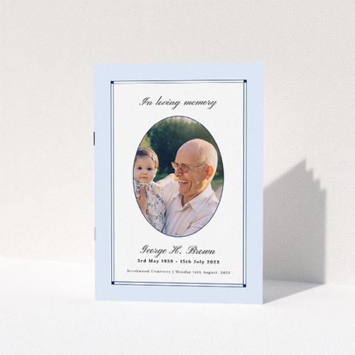 A funeral order of service named "Bright Border. It is an A5 booklet in a portrait orientation. It is a photographic funeral program with room for 1 photo. "Bright Border" is available as a folded booklet booklet, with neutral tones.