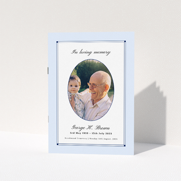 A funeral order of service named "Bright Border. It is an A5 booklet in a portrait orientation. It is a photographic funeral program with room for 1 photo. "Bright Border" is available as a folded booklet booklet, with neutral tones.