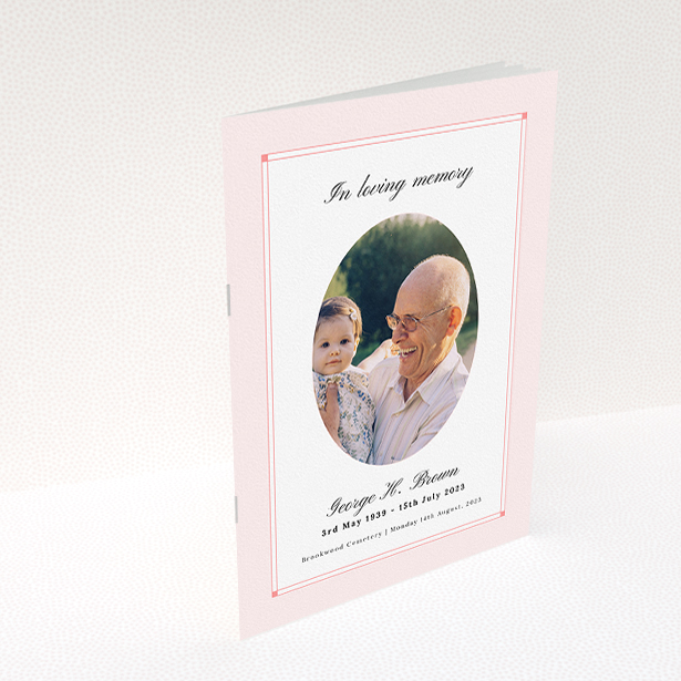A funeral order of service named "Bright Border. It is an A5 booklet in a portrait orientation. It is a photographic funeral program with room for 1 photo. "Bright Border" is available as a folded booklet booklet, with splashes of light pink.