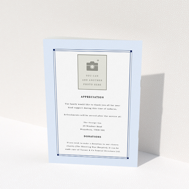 A funeral order of service named "Bright Border. It is an A5 booklet in a portrait orientation. It is a photographic funeral program with room for 1 photo. "Bright Border" is available as a folded booklet booklet, with neutral tones.