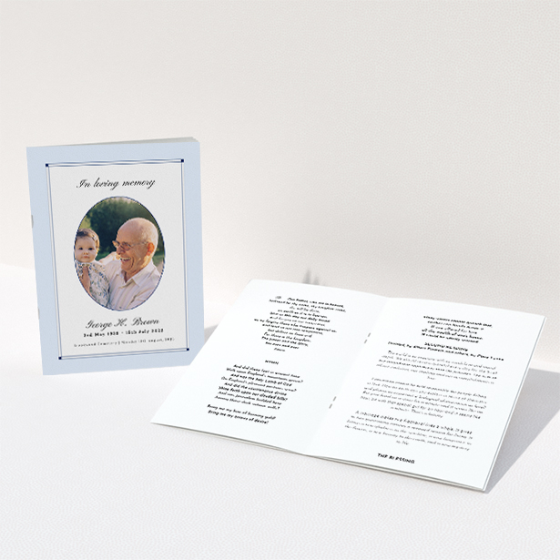 A funeral order of service named "Bright Border. It is an A5 booklet in a portrait orientation. It is a photographic funeral program with room for 1 photo. "Bright Border" is available as a folded booklet booklet, with neutral tones.