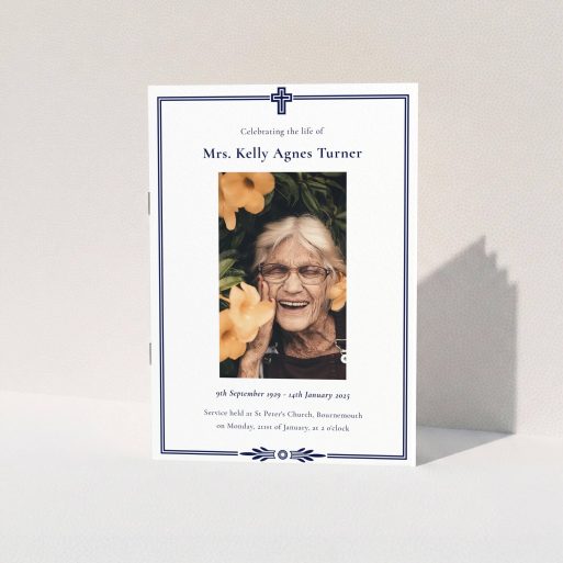 Funeral and Memorial Service Booklet - "Classic Christian" A funeral order of service named "Classic Christian. It is an A5 booklet in a portrait orientation. It is a photographic funeral order of service with room for 1 photo. "Classic Christian" is available as a folded booklet booklet, with splashes of navy blue.