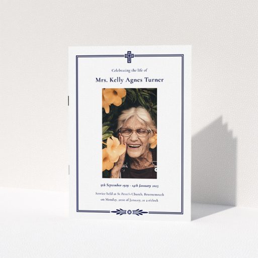 A funeral order of service named "Classic Christian. It is an A5 booklet in a portrait orientation. It is a photographic funeral order of service with room for 1 photo. "Classic Christian" is available as a folded booklet booklet, with splashes of navy blue.
