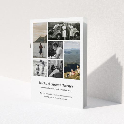A funeral order of service named 'Collage Cover. It is an A5 booklet in a portrait orientation. It is a photographic funeral program with room for 6 photos. 'Collage Cover' is available as a folded booklet booklet, with tones of white and black.