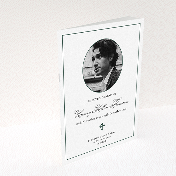 A funeral order of service named "Elegant Cross. It is an A5 booklet in a portrait orientation. It is a photographic funeral order of service with room for 1 photo. "Elegant Cross" is available as a folded booklet booklet, with tones of white and green.