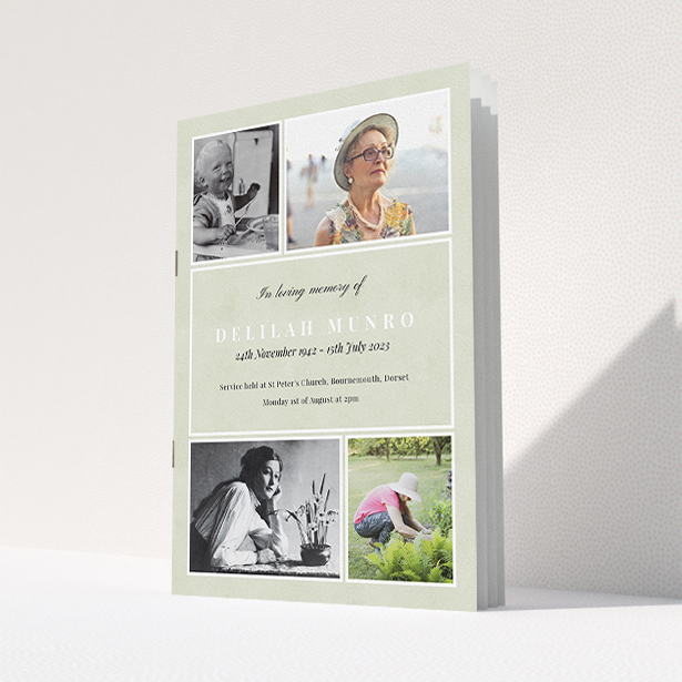 A funeral order of service named "Lots of Photos. It is an A5 booklet in a portrait orientation. It is a photographic funeral program with room for 4 photos. "Lots of Photos" is available as a folded booklet booklet, with splashes of green.