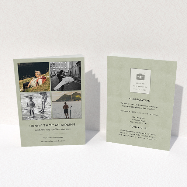 A funeral order of service named "Many Photos. It is an A5 booklet in a portrait orientation. It is a photographic funeral order of service with room for 4 photos. "Many Photos" is available as a folded booklet booklet, with splashes of green.