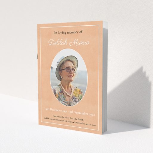A funeral order of service named 'Oval Frame. It is an A5 booklet in a portrait orientation. It is a photographic funeral program with room for 1 photo. 'Oval Frame' is available as a folded booklet booklet, with splashes of light pink.