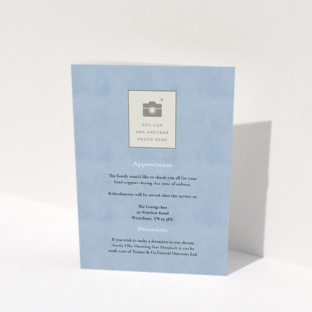 A funeral order of service named "Oval Frame. It is an A5 booklet in a portrait orientation. It is a photographic funeral order of service with room for 1 photo. "Oval Frame" is available as a folded booklet booklet, with neutral tones.