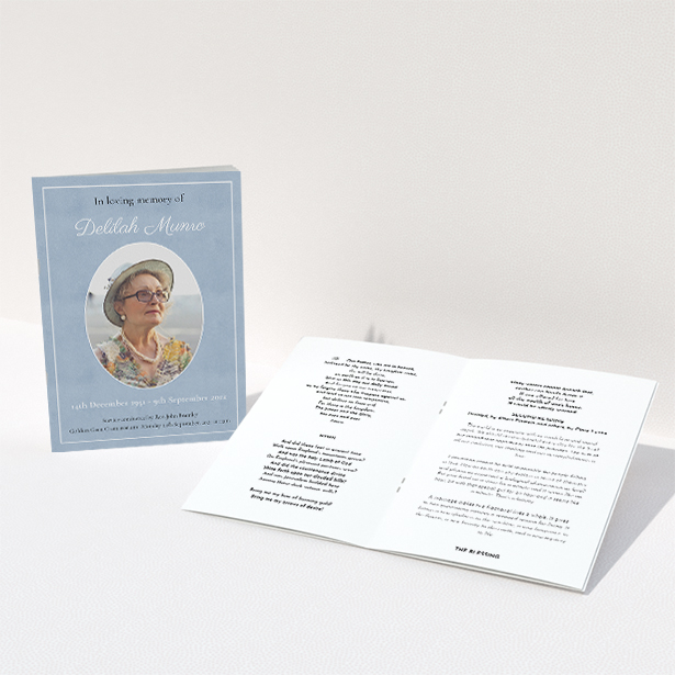 A funeral order of service named "Oval Frame. It is an A5 booklet in a portrait orientation. It is a photographic funeral order of service with room for 1 photo. "Oval Frame" is available as a folded booklet booklet, with neutral tones.