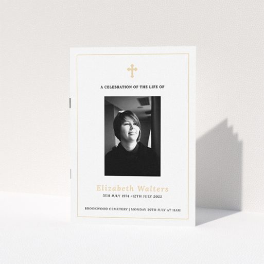 A funeral order of service named "Simple and Straightforward. It is an A5 booklet in a portrait orientation. It is a photographic funeral program with room for 1 photo. "Simple and Straightforward" is available as a folded booklet booklet, with tones of white and yellow.