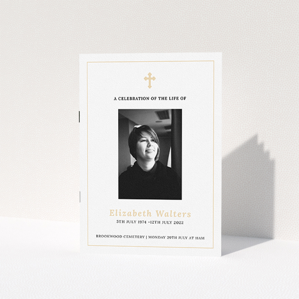 A funeral order of service named "Simple and Straightforward. It is an A5 booklet in a portrait orientation. It is a photographic funeral program with room for 1 photo. "Simple and Straightforward" is available as a folded booklet booklet, with tones of white and yellow.