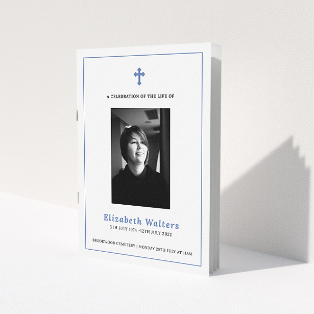A funeral order of service named 'Simple and Straightforward. It is an A5 booklet in a portrait orientation. It is a photographic funeral program with room for 1 photo. 'Simple and Straightforward' is available as a folded booklet booklet, with splashes of white.