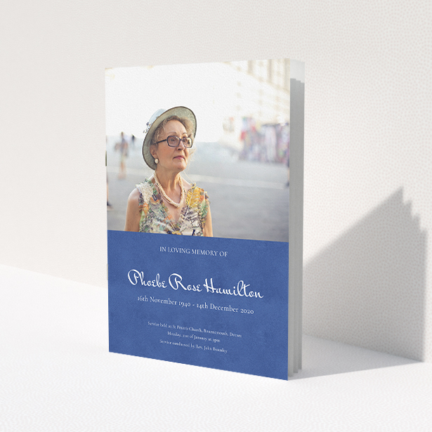 A funeral order of service named "Simple Elegance. It is an A5 booklet in a portrait orientation. It is a photographic funeral order of service with room for 1 photo. "Simple Elegance" is available as a folded booklet booklet, with neutral tones.