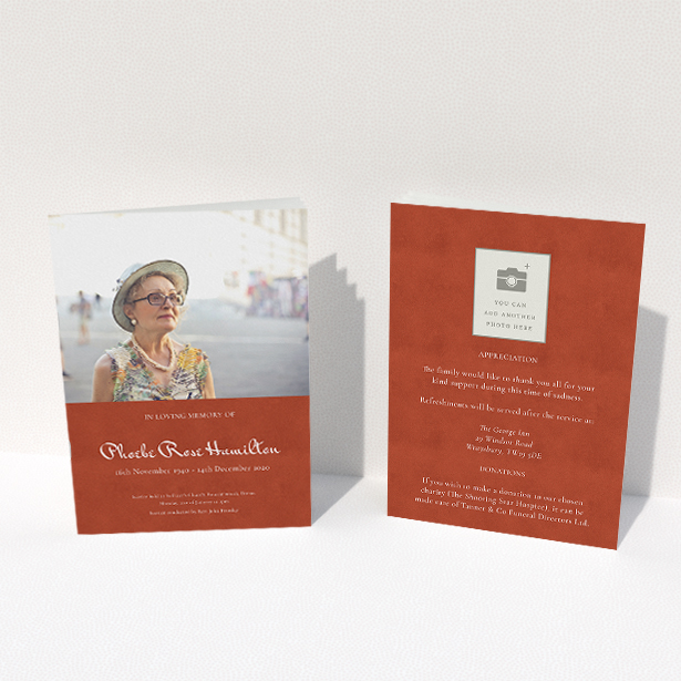 A funeral order of service named "Simple Elegance. It is an A5 booklet in a portrait orientation. It is a photographic funeral order of service with room for 1 photo. "Simple Elegance" is available as a folded booklet booklet, with splashes of red.