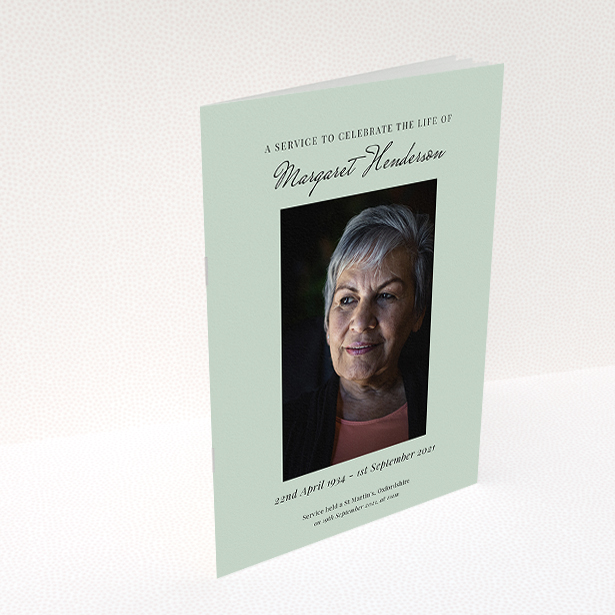 A funeral order of service named "Simple Portrait. It is an A5 booklet in a portrait orientation. It is a photographic funeral order of service with room for 1 photo. "Simple Portrait" is available as a folded booklet booklet, with splashes of green.