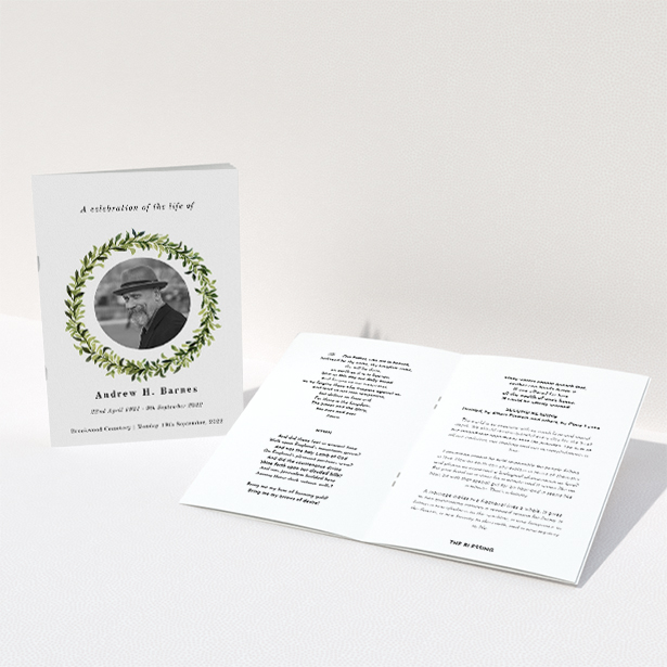 A funeral order of service named "Solemn wreath. It is an A5 booklet in a portrait orientation. It is a photographic funeral order of service with room for 1 photo. "Solemn wreath" is available as a folded booklet booklet, with tones of white and green.