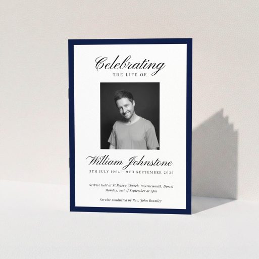 Funeral and Memorial Service Booklet - "Stoic Border" A funeral order of service named "Stoic Border. It is an A5 booklet in a portrait orientation. It is a photographic funeral order of service with room for 1 photo. "Stoic Border" is available as a folded booklet booklet, with tones of white and navy blue.