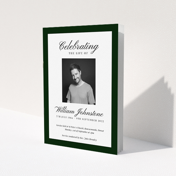 A funeral order of service named "Stoic Border. It is an A5 booklet in a portrait orientation. It is a photographic funeral order of service with room for 1 photo. "Stoic Border" is available as a folded booklet booklet, with splashes of white.