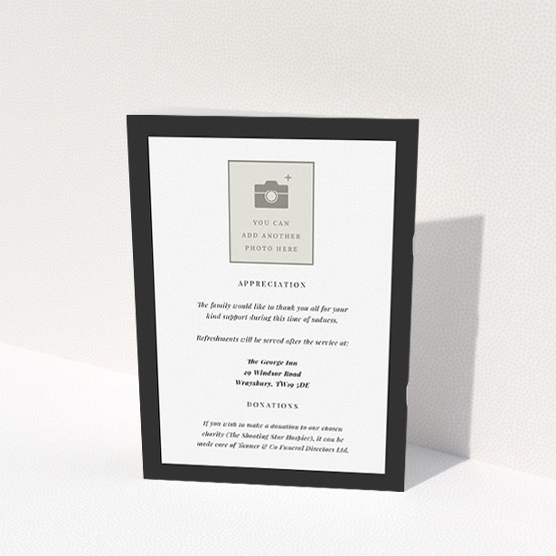 A funeral order of service named "Stoic Border. It is an A5 booklet in a portrait orientation. It is a photographic funeral order of service with room for 1 photo. "Stoic Border" is available as a folded booklet booklet, with tones of white and black.