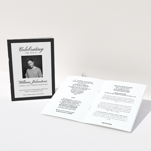 A funeral order of service named "Stoic Border. It is an A5 booklet in a portrait orientation. It is a photographic funeral order of service with room for 1 photo. "Stoic Border" is available as a folded booklet booklet, with tones of white and black.