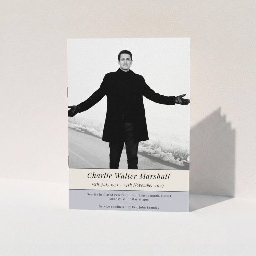 Funeral and Memorial Service Program - "Beige and cream banner" A funeral order of service named "Beige and cream banner. It is an A5 booklet in a portrait orientation. It is a photographic funeral program with room for 1 photo. "Beige and cream banner" is available as a folded booklet booklet, with tones of yellow, purple and cream.