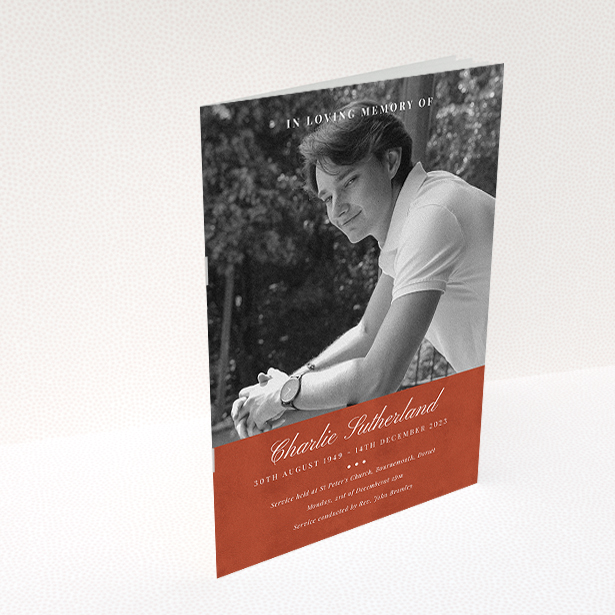 A funeral order of service named "Bold Elegance. It is an A5 booklet in a portrait orientation. It is a photographic funeral program with room for 1 photo. "Bold Elegance" is available as a folded booklet booklet, with splashes of red.