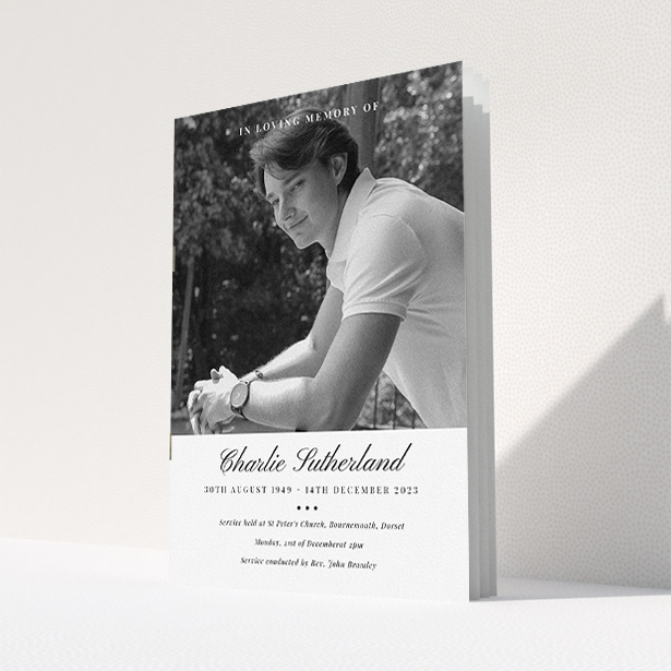 A funeral order of service named "Bold Elegance. It is an A5 booklet in a portrait orientation. It is a photographic funeral program with room for 1 photo. "Bold Elegance" is available as a folded booklet booklet, with splashes of white.