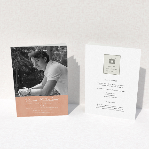 A funeral order of service named "Bold Elegance. It is an A5 booklet in a portrait orientation. It is a photographic funeral program with room for 1 photo. "Bold Elegance" is available as a folded booklet booklet, with splashes of light pink.