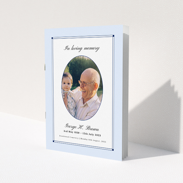 A funeral order of service named 'Bright Border. It is an A5 booklet in a portrait orientation. It is a photographic funeral program with room for 1 photo. 'Bright Border' is available as a folded booklet booklet, with neutral tones.
