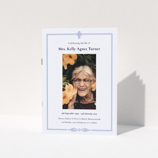 A funeral order of service named "Classic Christian. It is an A5 booklet in a portrait orientation. It is a photographic funeral order of service with room for 1 photo. "Classic Christian" is available as a folded booklet booklet, with splashes of duck shell blue.