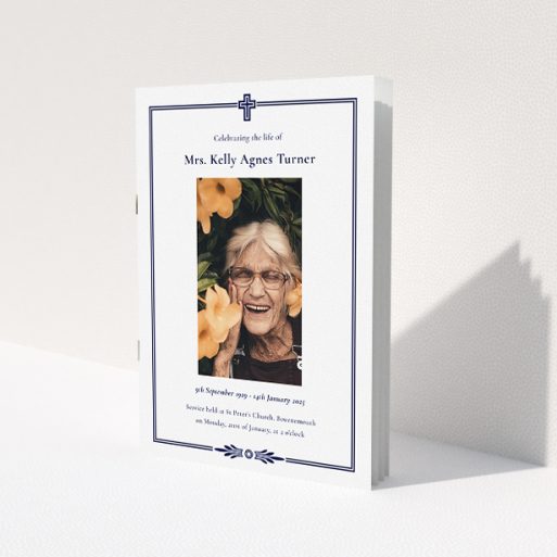 A funeral order of service named 'Classic Christian. It is an A5 booklet in a portrait orientation. It is a photographic funeral order of service with room for 1 photo. 'Classic Christian' is available as a folded booklet booklet, with splashes of navy blue.