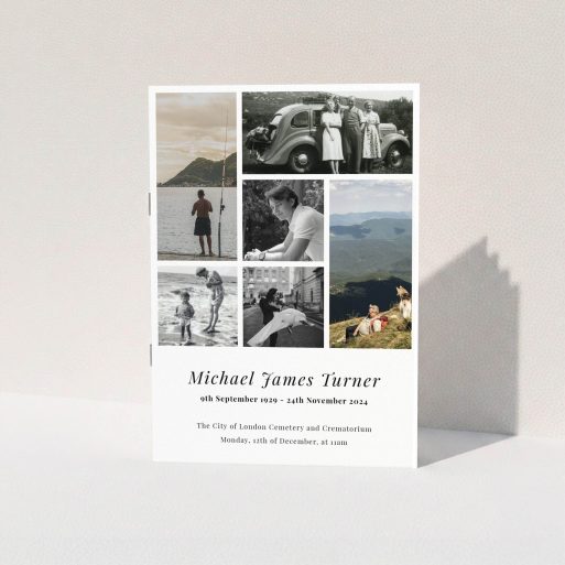 Funeral and Memorial Service Program - "Collage Cover" A funeral order of service named "Collage Cover. It is an A5 booklet in a portrait orientation. It is a photographic funeral program with room for 6 photos. "Collage Cover" is available as a folded booklet booklet, with tones of white and black.