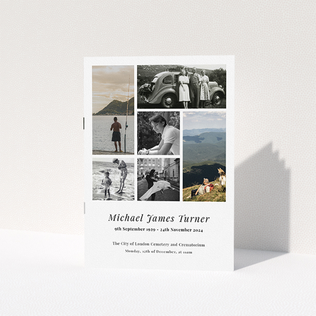 A funeral order of service named "Collage Cover. It is an A5 booklet in a portrait orientation. It is a photographic funeral program with room for 6 photos. "Collage Cover" is available as a folded booklet booklet, with tones of white and black.