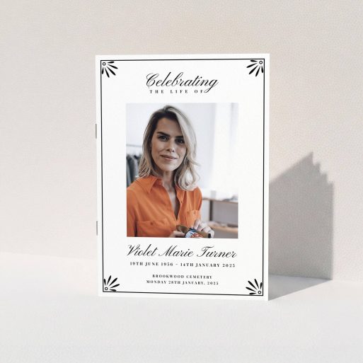A funeral order of service named "Deco Corners. It is an A5 booklet in a portrait orientation. It is a photographic funeral order of service with room for 1 photo. "Deco Corners" is available as a folded booklet booklet, with tones of white and black.