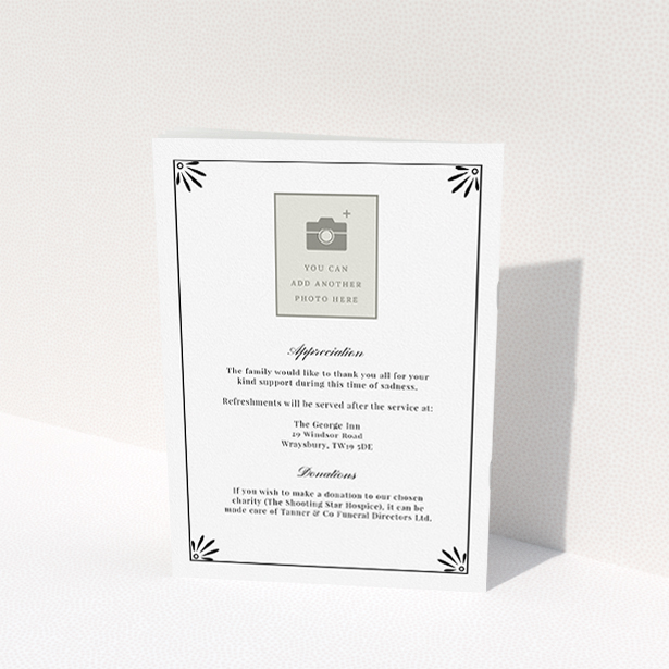 A funeral order of service named "Deco Corners. It is an A5 booklet in a portrait orientation. It is a photographic funeral order of service with room for 1 photo. "Deco Corners" is available as a folded booklet booklet, with tones of white and black.