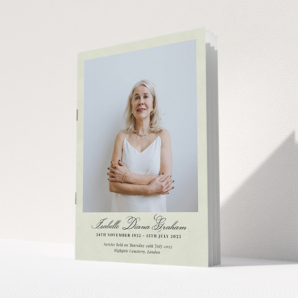 A funeral order of service named "Great Portrait. It is an A5 booklet in a portrait orientation. It is a photographic funeral program with room for 1 photo. "Great Portrait" is available as a folded booklet booklet, with splashes of green.