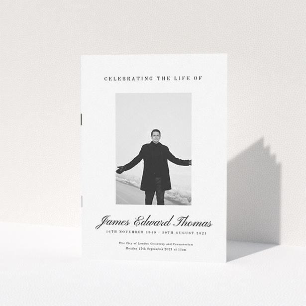 A funeral order of service named "Hazy background. It is an A5 booklet in a portrait orientation. It is a photographic funeral program with room for 1 photo. "Hazy background" is available as a folded booklet booklet, with tones of white and black.