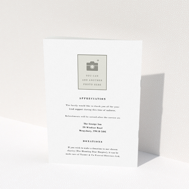 A funeral order of service named "Hazy background. It is an A5 booklet in a portrait orientation. It is a photographic funeral program with room for 1 photo. "Hazy background" is available as a folded booklet booklet, with tones of white and black.