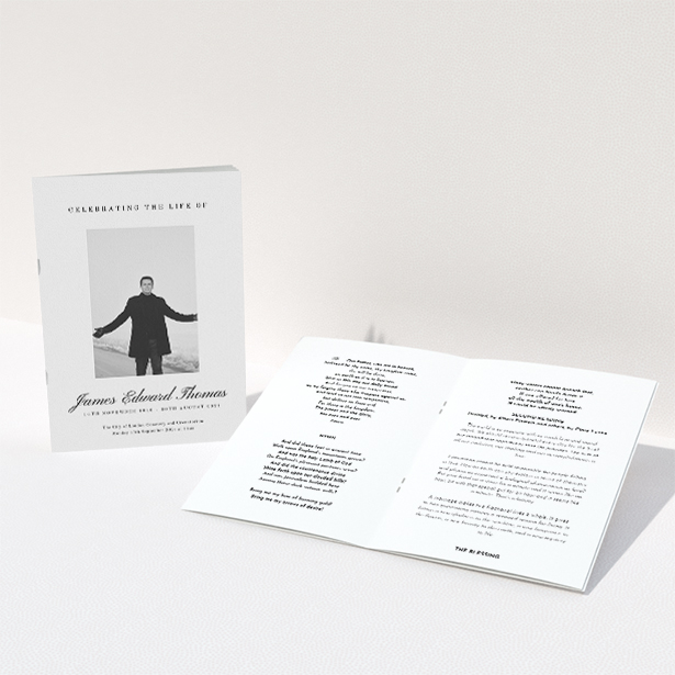 A funeral order of service named "Hazy background. It is an A5 booklet in a portrait orientation. It is a photographic funeral program with room for 1 photo. "Hazy background" is available as a folded booklet booklet, with tones of white and black.