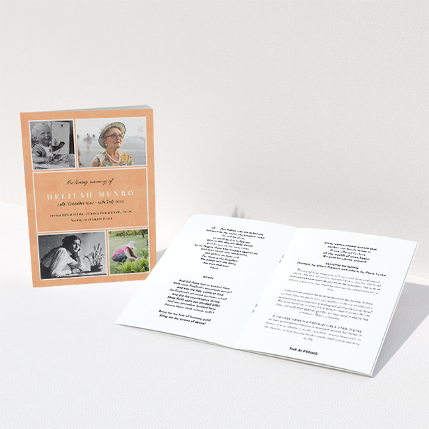 A funeral order of service named "Lots of Photos. It is an A5 booklet in a portrait orientation. It is a photographic funeral program with room for 4 photos. "Lots of Photos" is available as a folded booklet booklet, with splashes of orange.